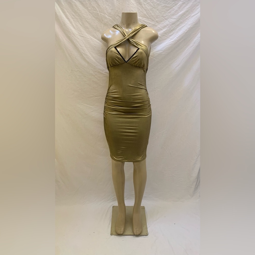 Bebe Size Small Metallic Gold Color Cross Straps Sexy Bodycon Dress